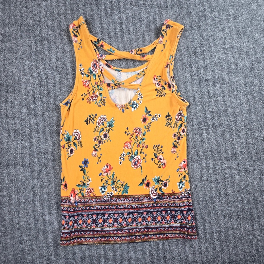 Love appella Tank Top Womens Medium Yellow Floral Strappy Back Boho (T9)